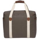 A gray duffel bag with white straps and brown accents is shown against a plain white background. The bag features a zippered main compartment and two side pockets.