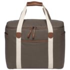 A brown and beige duffel bag with a zippered top and two handles. It features leather accents and has a front pocket for additional storage. The bag is designed for travel or casual use.