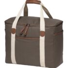 A large, rectangular, olive-green canvas bag with beige straps and brown leather accents. The bag features a front pocket and a zipper closure on top, with two sturdy handles for carrying.