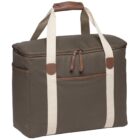 A rectangular olive-green canvas bag with cream straps and brown leather accents. It features a front pocket, dual zippers, and a reinforced leather handle on top.