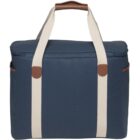 A blue rectangular bag with beige handles and brown leather accents. The bag has two side pockets and a zippered top closure.