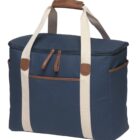 A navy blue rectangular bag with beige straps and brown leather accents. It has a front pocket and a top zipper closure. The straps feature a leather grip.