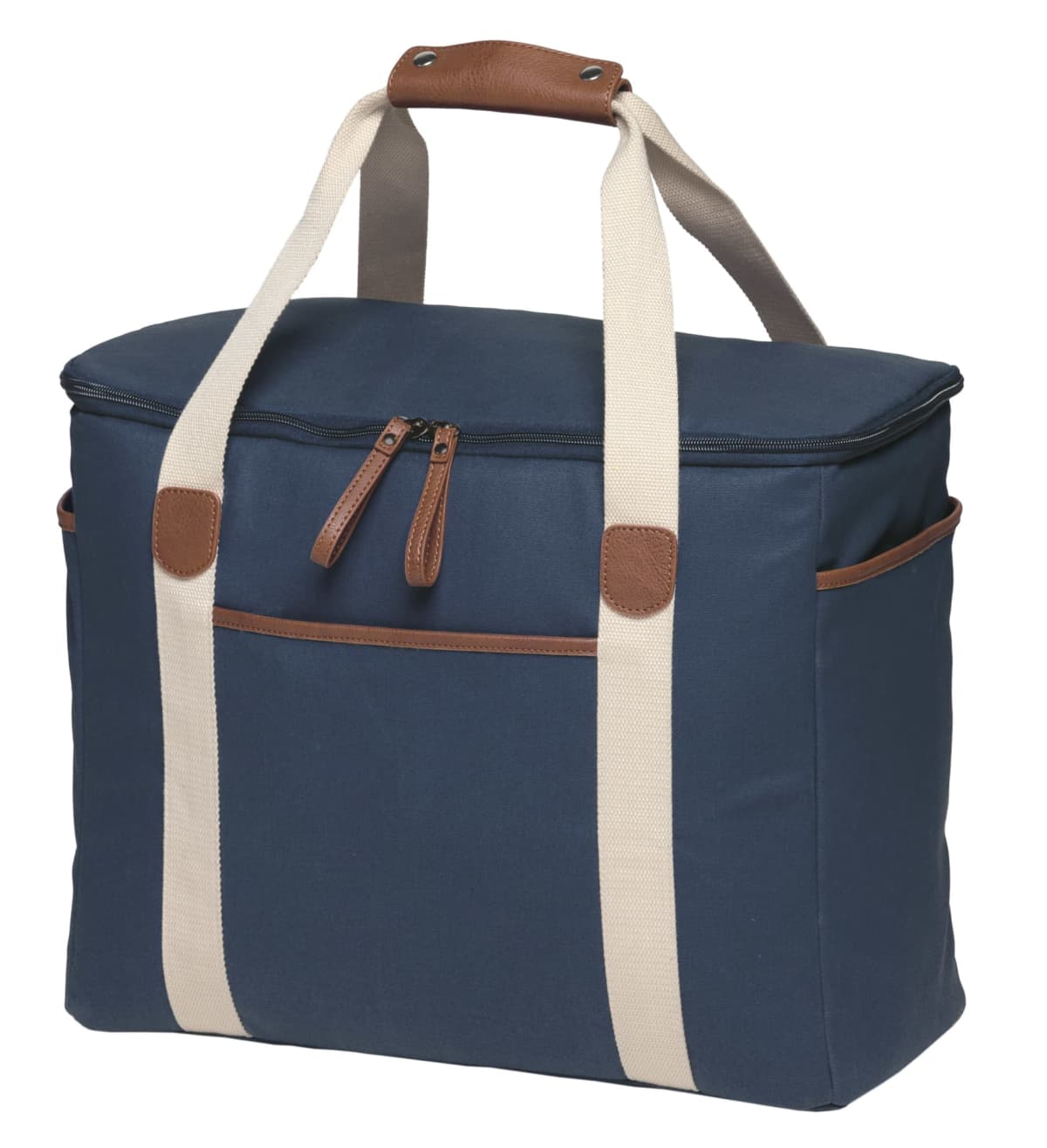 A navy blue rectangular bag with beige straps and brown leather accents. It has a front pocket and a top zipper closure. The straps feature a leather grip.