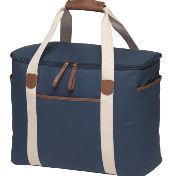 A blue fabric shoulder bag with beige straps, a zipper closure, and leather accents. The bag has a front pocket and is placed upright against a plain white background.