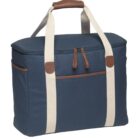 Blue rectangular travel bag with cream-colored straps and brown leather accents. The bag features a zippered top, an outer pocket, and a brown handle on top.