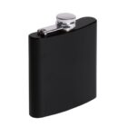 A sleek, black hip flask with a shiny silver cap, standing upright against a plain white background.