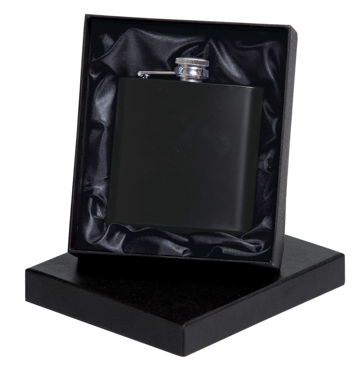 A black flask with a silver cap is nestled in a satin-lined black gift box. The lid of the box is propped underneath it.