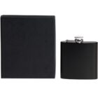 A sleek, black hip flask with a shiny silver cap stands next to a matching black rectangular box. The minimalist design creates a stylish and modern look against a plain white background.