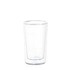 A clear, double-walled glass tumbler standing upright against a plain white background. The design creates an insulating layer, ideal for either hot or cold beverages. The glass is empty, showcasing its sleek, minimalist aesthetic.