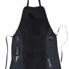 A black apron featuring a bottle opener on a strap, a pocket holding a phone, two drink holders, and a pocket with a green bottle. The apron has adjustable neck and waist straps.