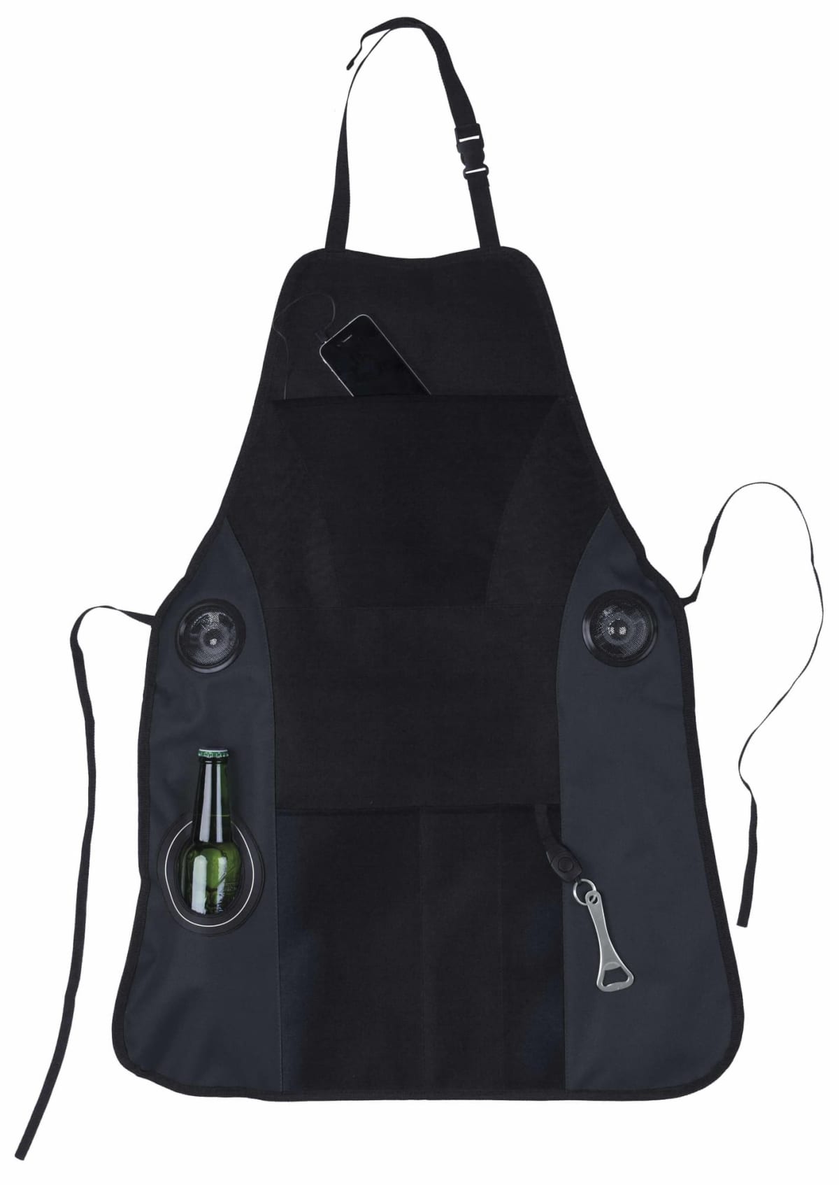 A black apron featuring a bottle opener on a strap, a pocket holding a phone, two drink holders, and a pocket with a green bottle. The apron has adjustable neck and waist straps.