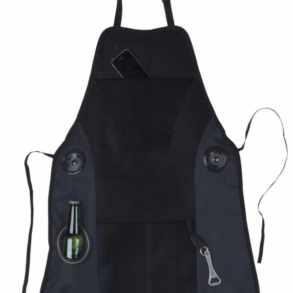 Black apron with pockets, holding a bottle and phone. A bottle opener is attached to the right side, and adjustable neck and waist straps are seen.