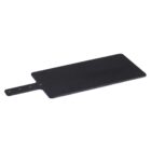 A rectangular black cheese board with a long handle featuring three brass accent dots. The surface is smooth and flat, suitable for serving or displaying food.