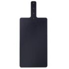 A rectangular black cutting board with a narrow handle and three small round holes near the end of the handle, laying on a plain white background.