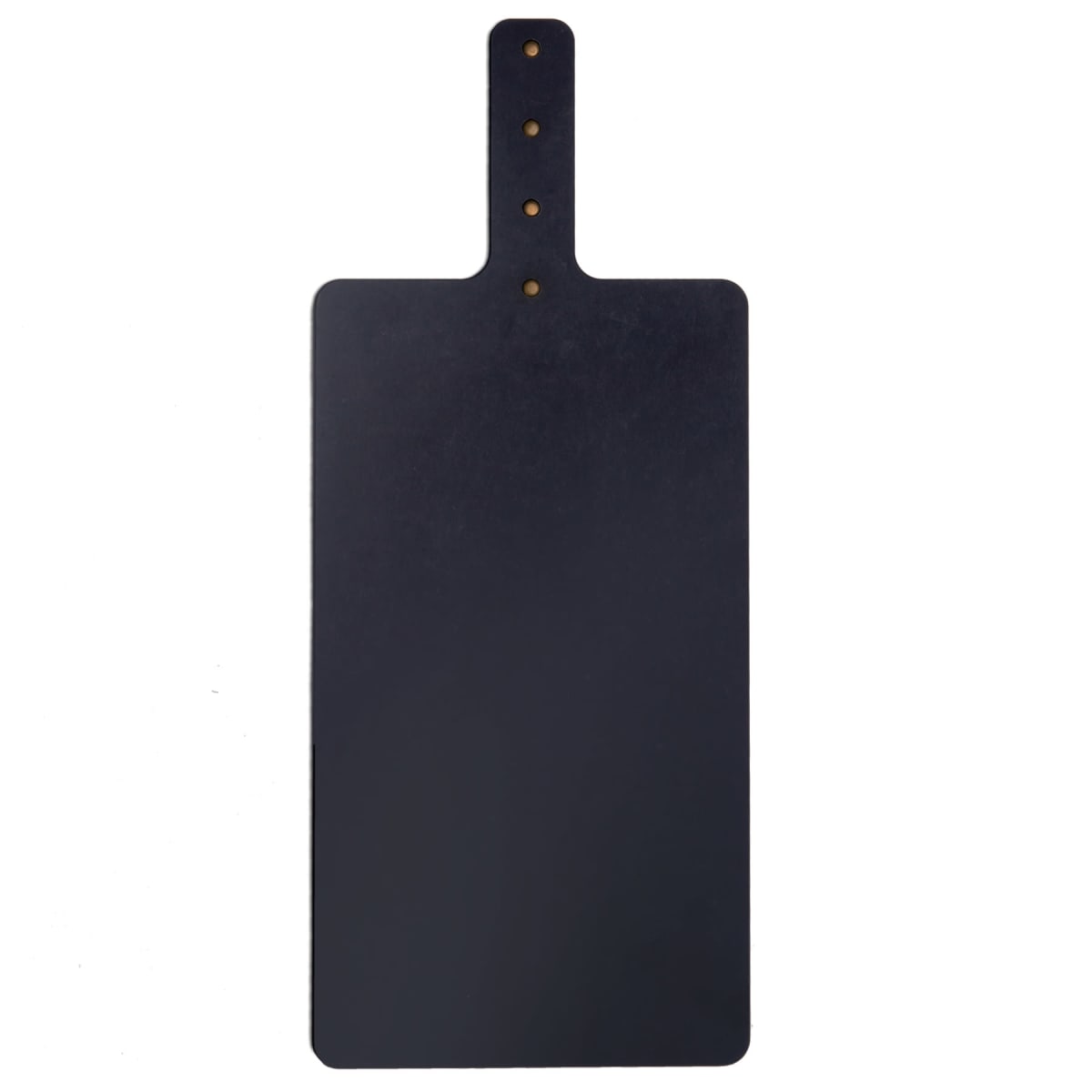 A rectangular black cutting board with a narrow handle and three small round holes near the end of the handle, laying on a plain white background.