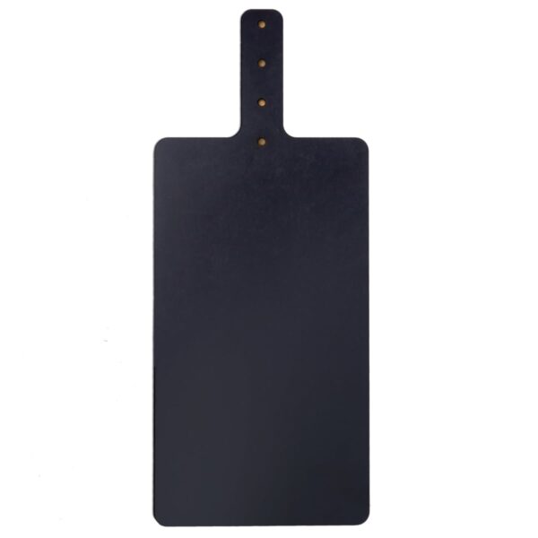 A rectangular black cutting board with a handle featuring three small round holes. The board has smooth edges and a matte finish, suitable for kitchen use.