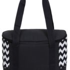 Black insulated cooler bag with a zigzag white pattern on its sides. The bag has a top handle and long shoulder straps for carrying. The design suggests its both functional and stylish, suitable for outdoor activities or picnics.