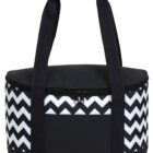 A black and white zigzag-patterned insulated cooler bag with a black base and handles. The bag has a zippered top for closing and carrying.