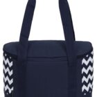 A navy blue insulated cooler bag with a zippered top and two black handles. The sides feature a white and dark blue chevron pattern.