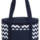 A black and white insulated cooler bag with a zippered top and chevron pattern. It has two long black handles and a rectangular shape, ideal for carrying food and drinks.