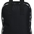 A black backpack with short handles and a zippered main compartment. It features side mesh pockets and a subtle pattern on the sides.