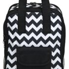 Black and white zigzag patterned backpack with two handles, a front pocket, and side mesh pockets for additional storage.