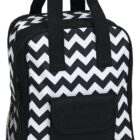 A black and white chevron-patterned backpack with black handles and a front pocket. The design is bold and the backpack features side mesh pockets, offering a stylish and practical look.