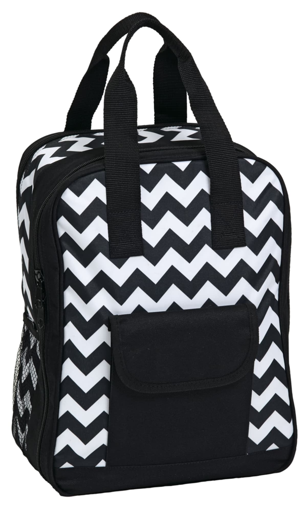 A black and white chevron-patterned backpack with black handles and a front pocket. The design is bold and the backpack features side mesh pockets, offering a stylish and practical look.