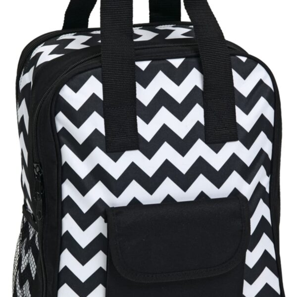 A black and white backpack featuring a zigzag chevron pattern. It has black handles, a front pocket with a flap, and a mesh side pocket.