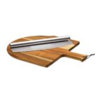 A wooden pizza board with a handle and a stainless steel pizza cutter placed on top. The board has a two-tone wood finish, and the cutter features a curved blade and metal handle.