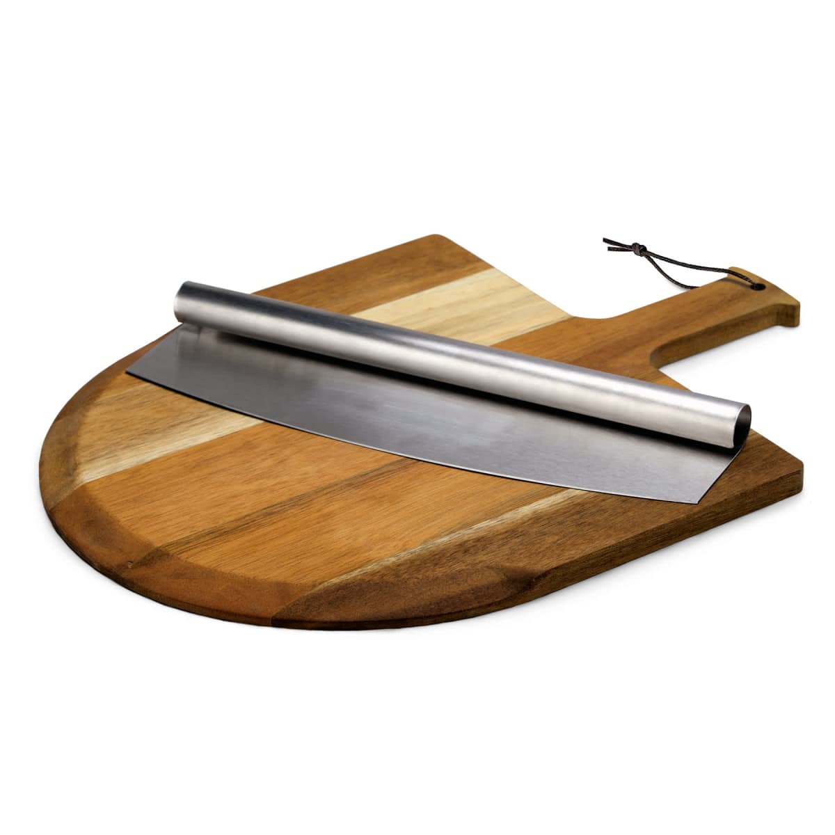 A metal mezzaluna knife rests on a wooden pizza peel. The knife features a curved blade with a rounded handle, while the pizza peel has a natural wood finish and a handle with a loop for hanging.