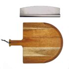 A wooden pizza peel with a smooth finish is placed below a metal dough scraper on a white background. The peel has a rounded edge and a handle with a leather loop.