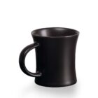 A black ceramic mug with a curved handle is shown against a plain white background. The mug has a slightly flared rim, giving it an elegant and modern appearance.