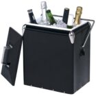 A black portable cooler filled with ice and an assortment of wine and champagne bottles. The cooler has a side handle and an open lid, revealing the contents inside.