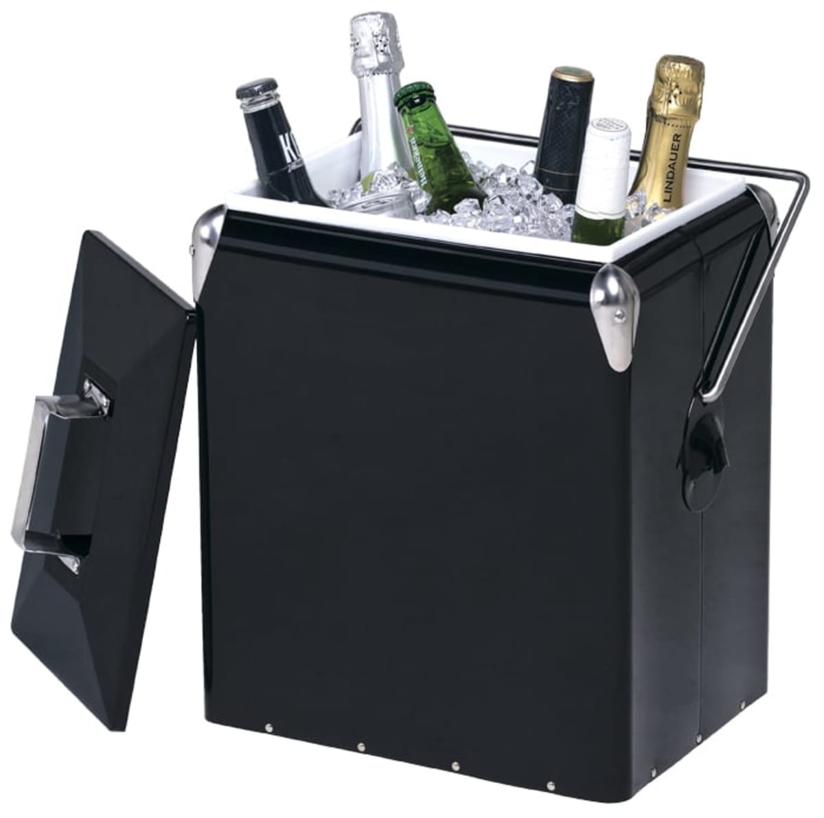 A black portable cooler filled with ice and an assortment of wine and champagne bottles. The cooler has a side handle and an open lid, revealing the contents inside.