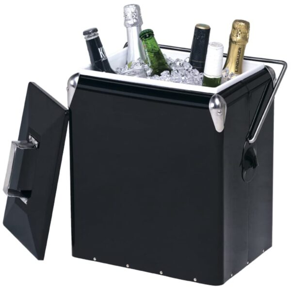 A black portable cooler filled with ice and various bottles, including champagne and wine. The coolers lid is open, and its design features a silver handle on the side and metallic corner accents.