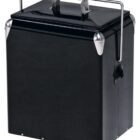 A vintage, black metal cooler with a rectangular shape, featuring a sturdy handle on top, silver corner accents, and a latch on the side. The design gives it a classic, retro appearance.