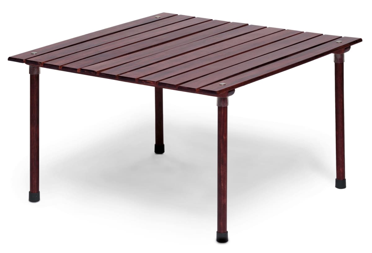 A wooden square table with slatted top and four metal legs, each with a black foot cap. The table has a dark brown finish and a simple, minimalist design.