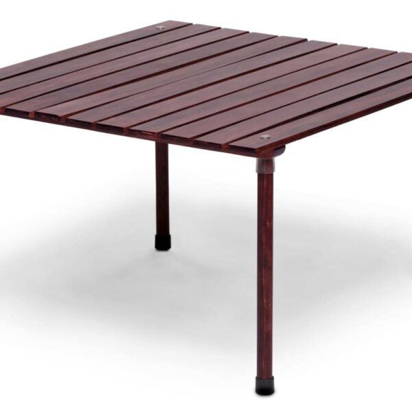 A wooden table with a slatted top and four cylindrical legs, featuring a dark brown finish.