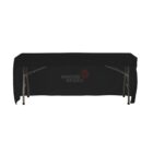 Black massage table with a fitted cover, revealing silver metal legs. The cover has text and a logo in the center. The table is set against a plain white background.
