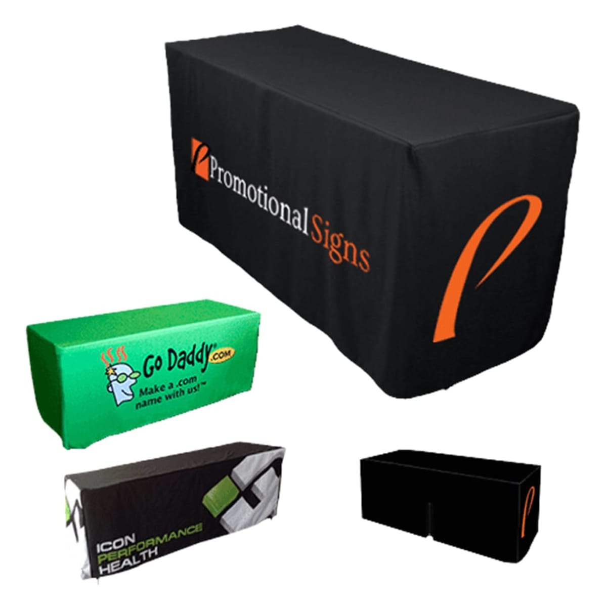 Multiple promotional table covers are displayed, each with unique branding. One cover is black with Promotional Signs in orange, another is green with Go Daddy, and the last one is white with Icon Performance Health.