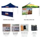 Two pop-up tents: left with half walls labeled Bondi Rescue and right with full wall labeled Hawaiian Tropic. Below, images of accessories: wall clamps, banner mount kit, pegs and ropes, and sandbags for stability.