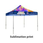 Blue canopy tent with STAR PHOTOGRAPHY and contact details printed on top. It features a colorful abstract design and is supported by four metal poles. The text Sublimation print is displayed below the tent.