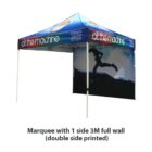 A pop-up marquee featuring a runner silhouette on a 3-meter full wall with double-sided printing. The marquees canopy displays the text out the machine. Text on the wall reads Strength Stamina Recovery.