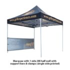 A black pop-up marquee tent with a logo and the website gr8experience.com on the canopy. It features a 3-meter half wall on one side, supported by bars and clamps, displaying a printed design with a yellow car image.