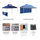 Image showing two blue canopy tents: a smaller tent with half walls and a larger one with full walls. Below are accessories: half wall bars with clamps, tent banner mount kit, pegs and ropes, and sandbags for stabilization.
