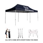 A Honda-branded black canopy tent is set up. Below are images showing a person packing the tent into a bag, the folded metal frame, and a partially unfolded tent. Text reads, ALL SETS COME WITH EVERYTHING YOU NEED.