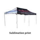 A custom outdoor canopy with silver metal legs and a fabric roof. The design features a vibrant print with the website ORACLELIGHTS.COM and the words Sublimation print below.