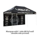 Black marquee tent featuring UBKC branding and website on the canopy and side wall. The side wall displays a large, detailed logo. Text reads: Marquee with 1 side 6M full wall (double side printed).