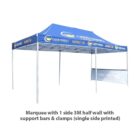 A blue marquee tent with branding on the canopy and a 3-meter half wall with support bars and clamps. The text below reads: Marquee with 1 side 3M half wall with support bars & clamps (single side printed).